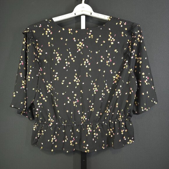 ANA A New Approach Blouse Womens XL Black Floral Boho Peplum Tie Front Cropped T - Picture 5 of 5